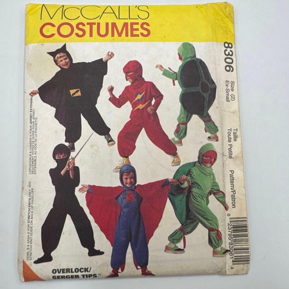 McCalls 8306 Size 2 Superhero Costume Sewing Pattern Flash Batman Ninja Turtle
